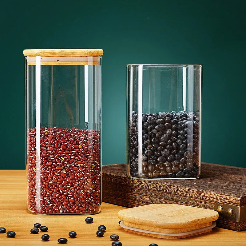 Bocaux de stockage en verre carrés avec couvercle en bambou
