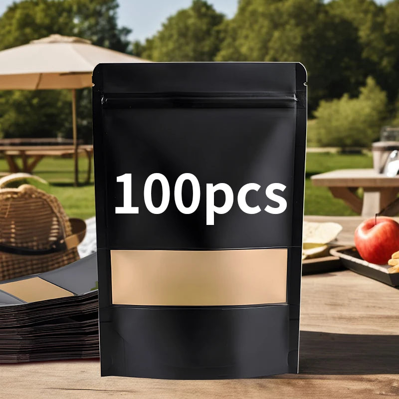 Lot de 100 pochettes à soufflet en papier kraft noir avec fenêtre.