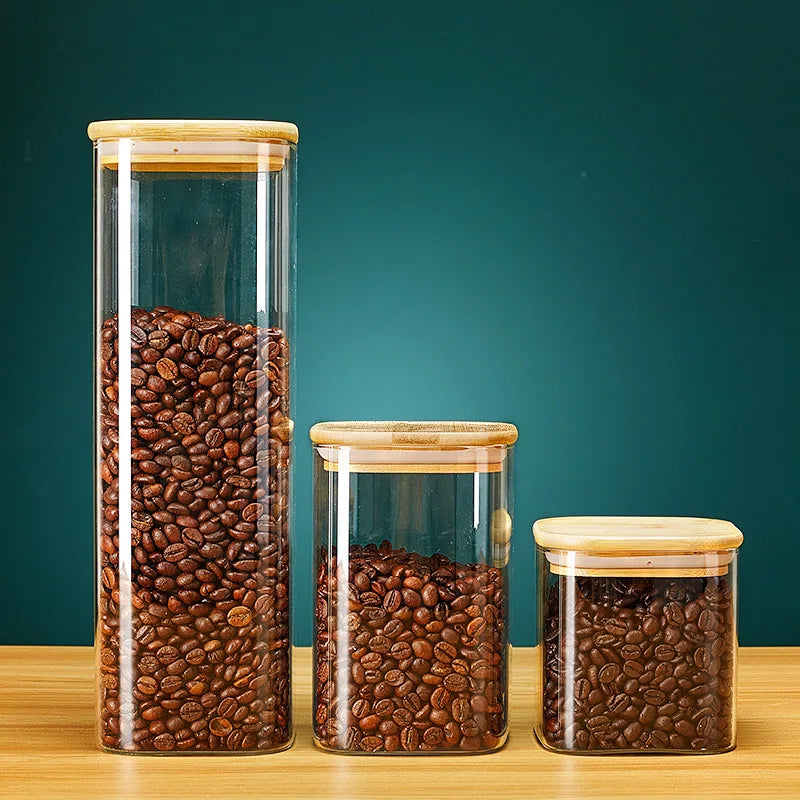 Bocaux de stockage en verre carrés avec couvercle en bambou