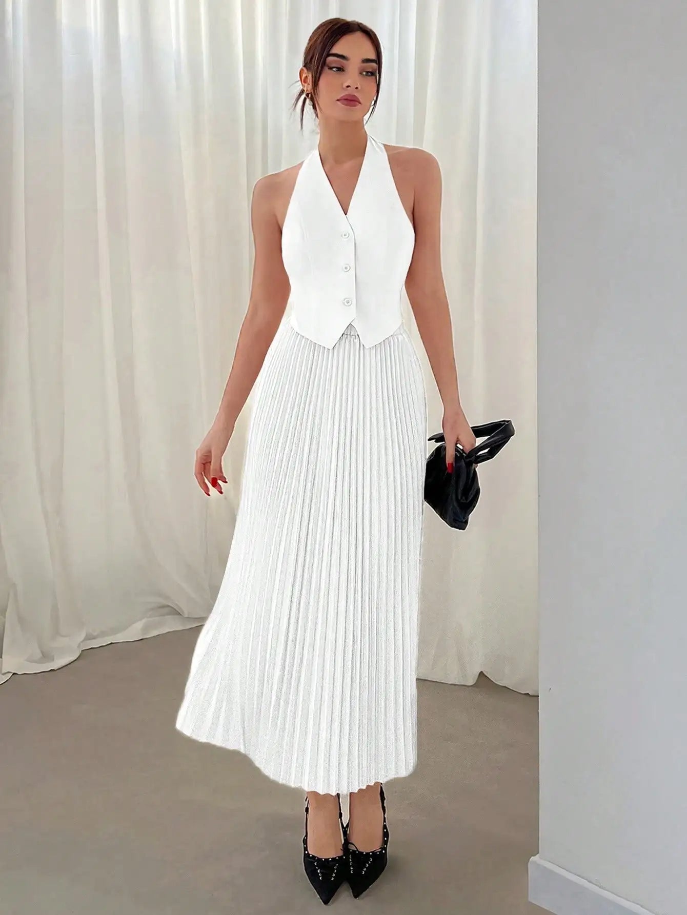 Gilet à bouton simple/jupe plissée élegante