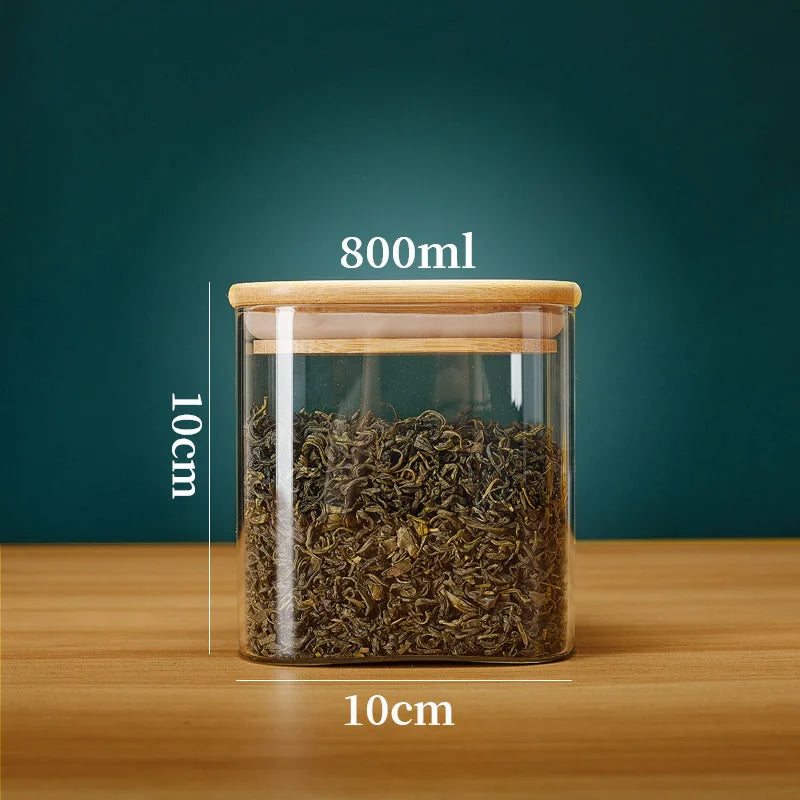 Bocaux de stockage en verre carrés avec couvercle en bambou