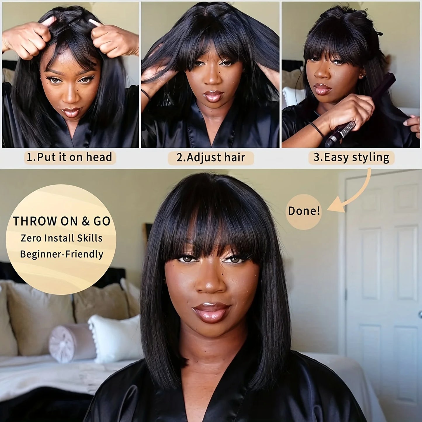 Short Bob Wig Bone Straight 100% Human Hair