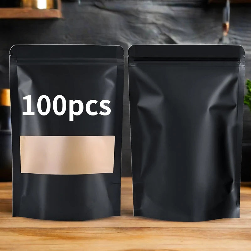 Lot de 100 pochettes à soufflet en papier kraft noir avec fenêtre.