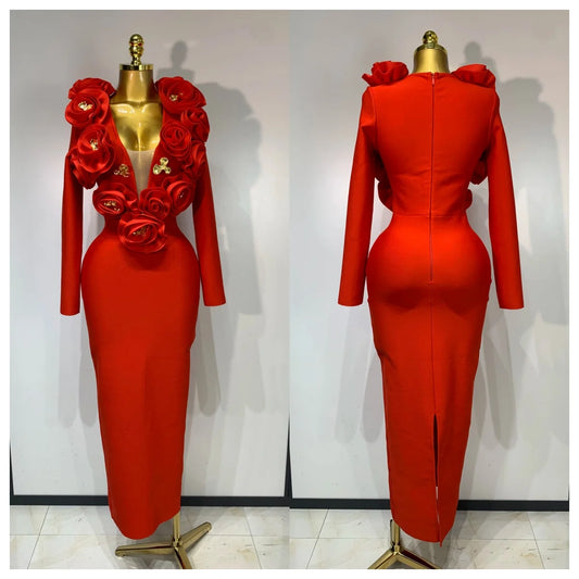 Robe sexy à manches longues moulante avec fleurs 3D rouges