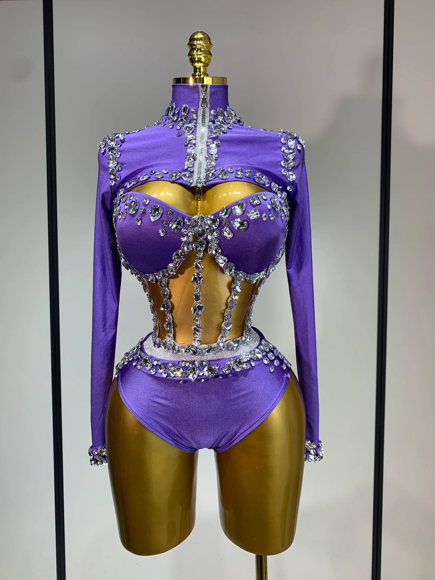 Tenue  scintillante en strass, ensemble trois pièces à manches longues, costume de drag queen