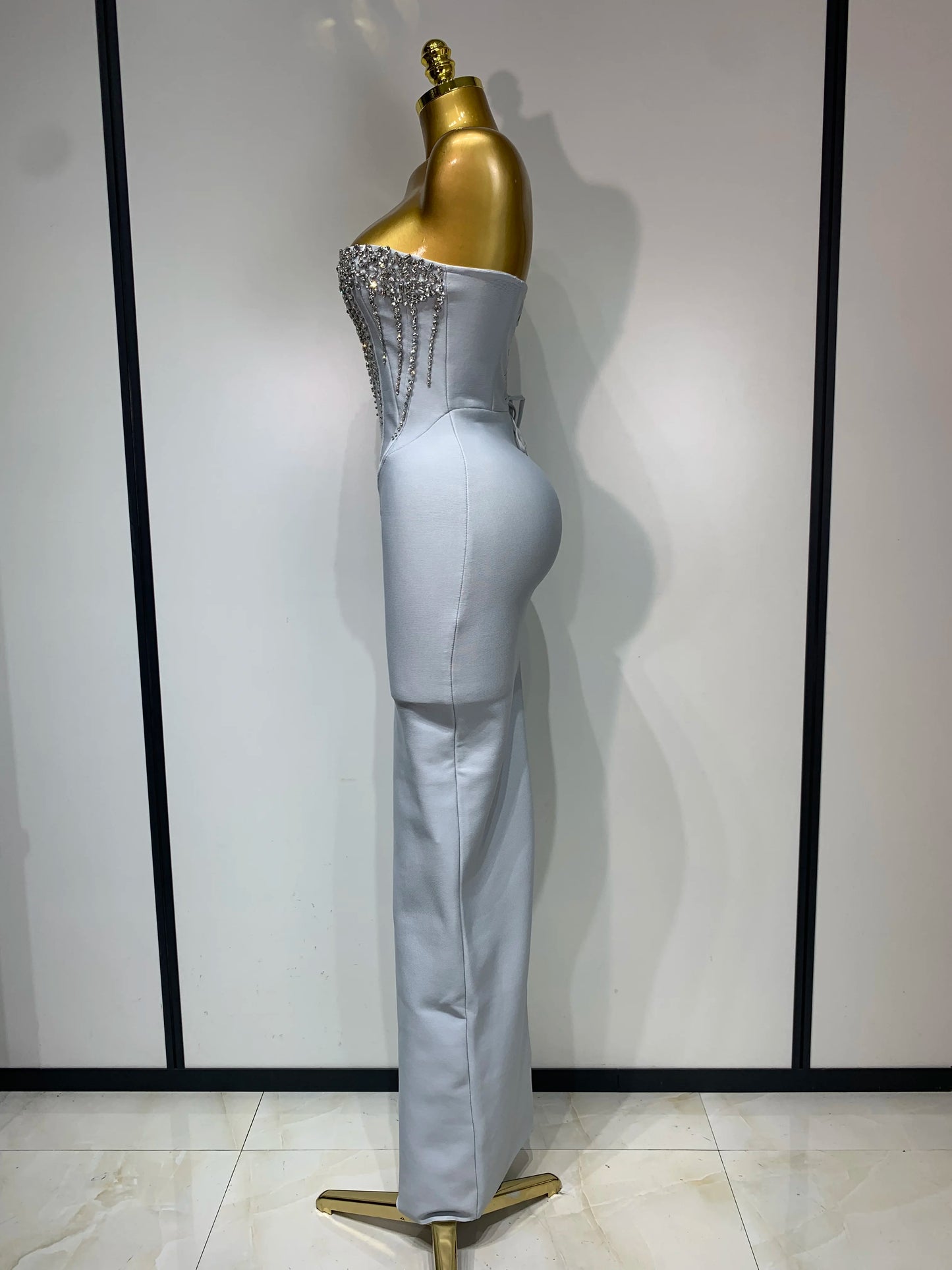 Robe longue sexy sans bretelles et dos nu, style bandage, sans manches, avec perles