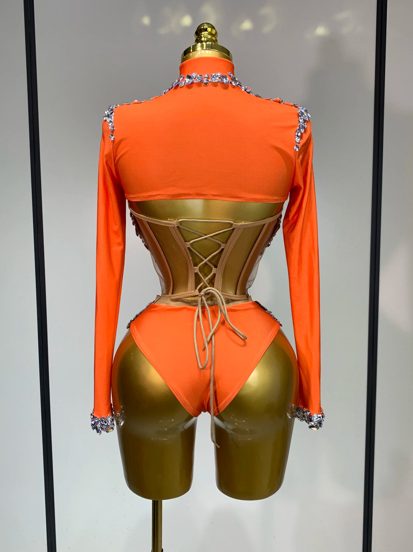 Tenue  scintillante en strass, ensemble trois pièces à manches longues, costume de drag queen
