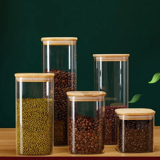 Bocaux de stockage en verre carrés avec couvercle en bambou