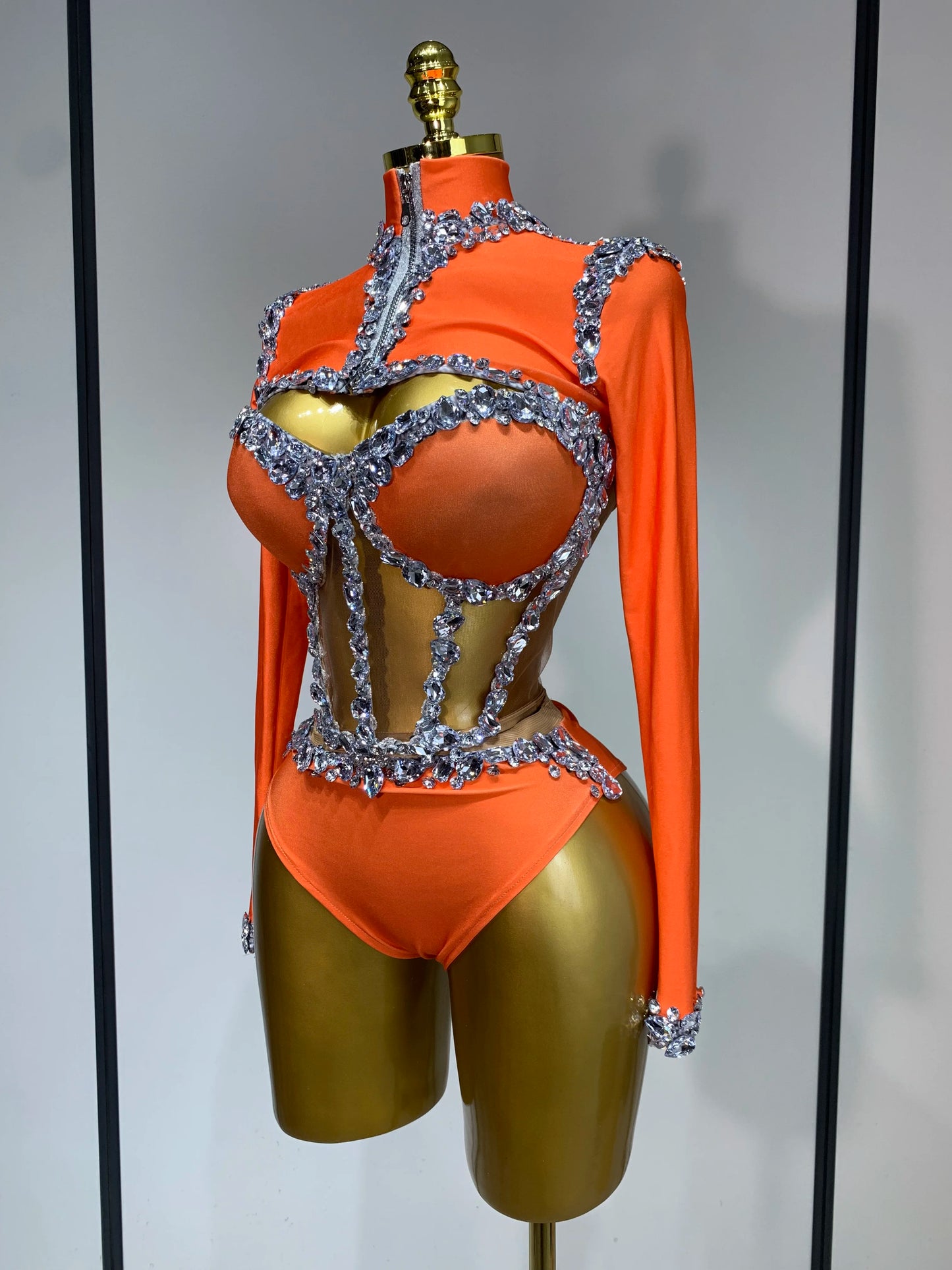 Tenue  scintillante en strass, ensemble trois pièces à manches longues, costume de drag queen