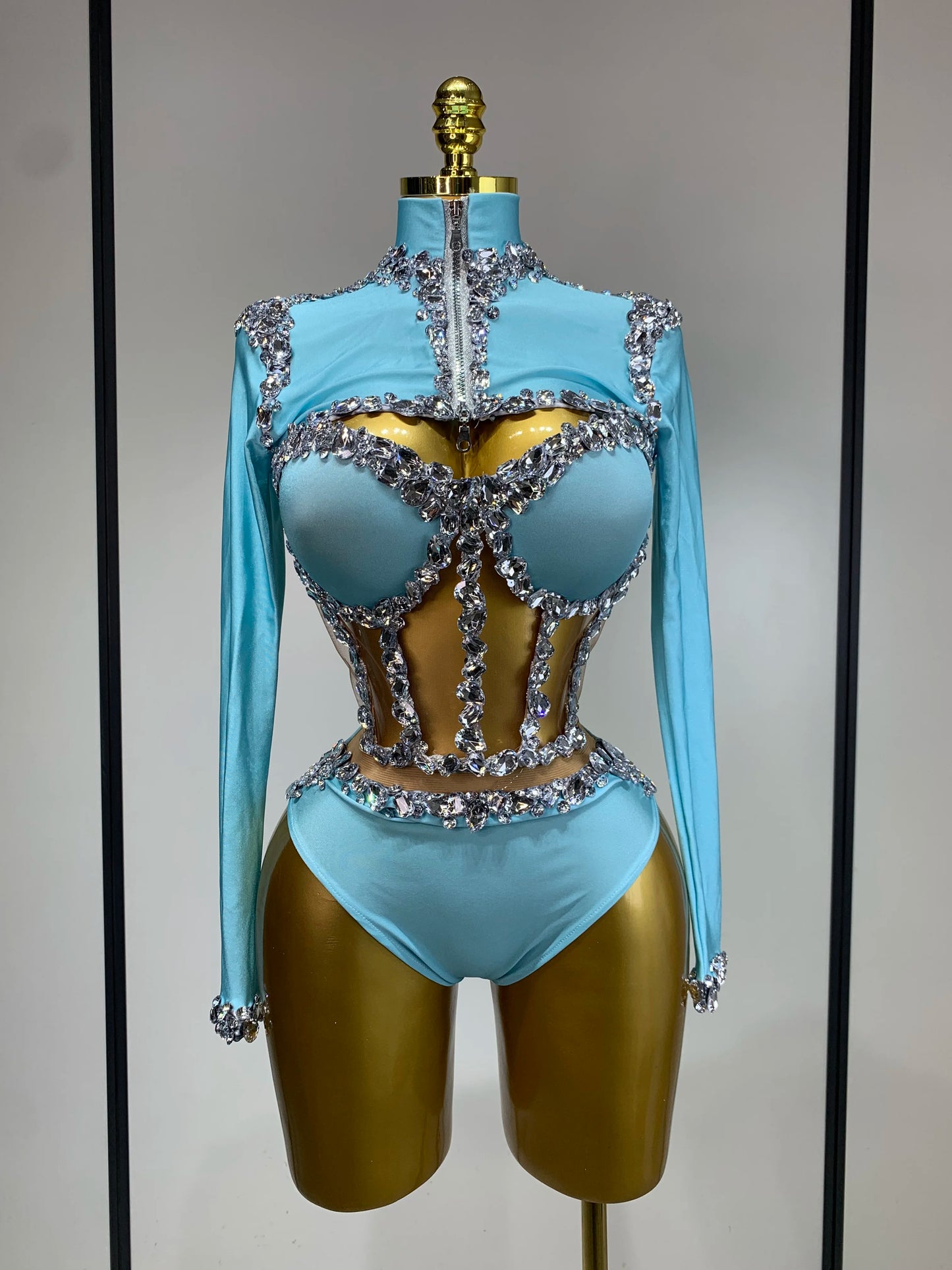 Tenue  scintillante en strass, ensemble trois pièces à manches longues, costume de drag queen