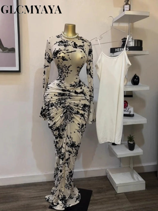 Robe longue moulante à manches longues en maille superposée transparente avec doublure