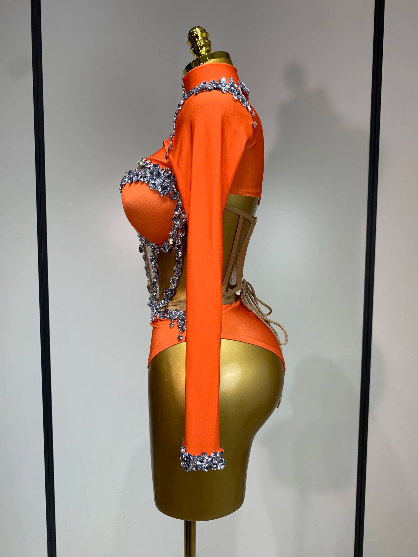 Tenue  scintillante en strass, ensemble trois pièces à manches longues, costume de drag queen