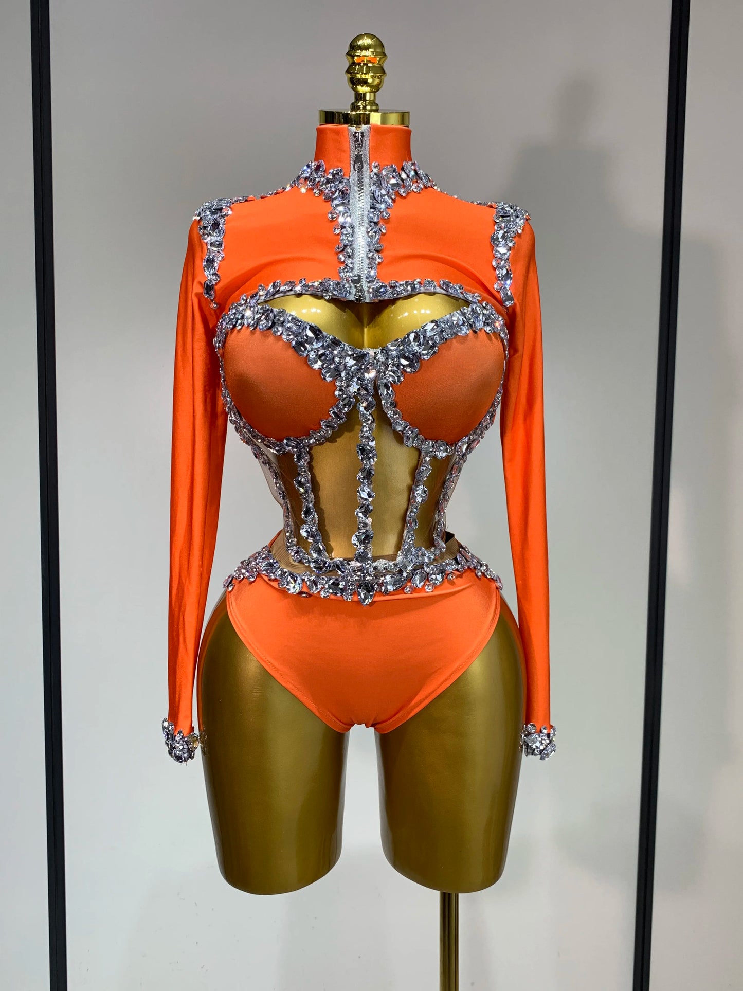 Tenue  scintillante en strass, ensemble trois pièces à manches longues, costume de drag queen