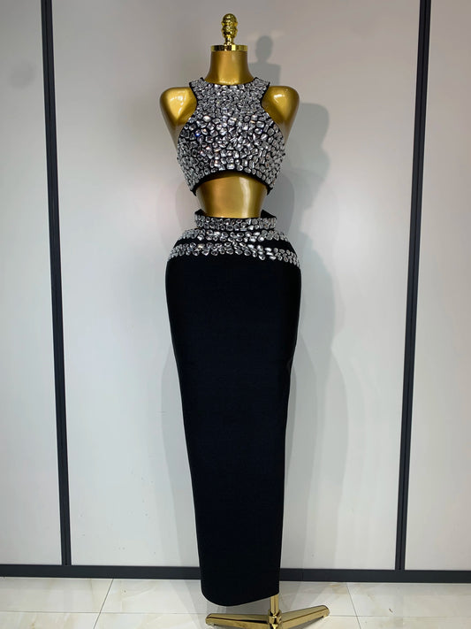 Robe longue moulante à cristaux scintillants