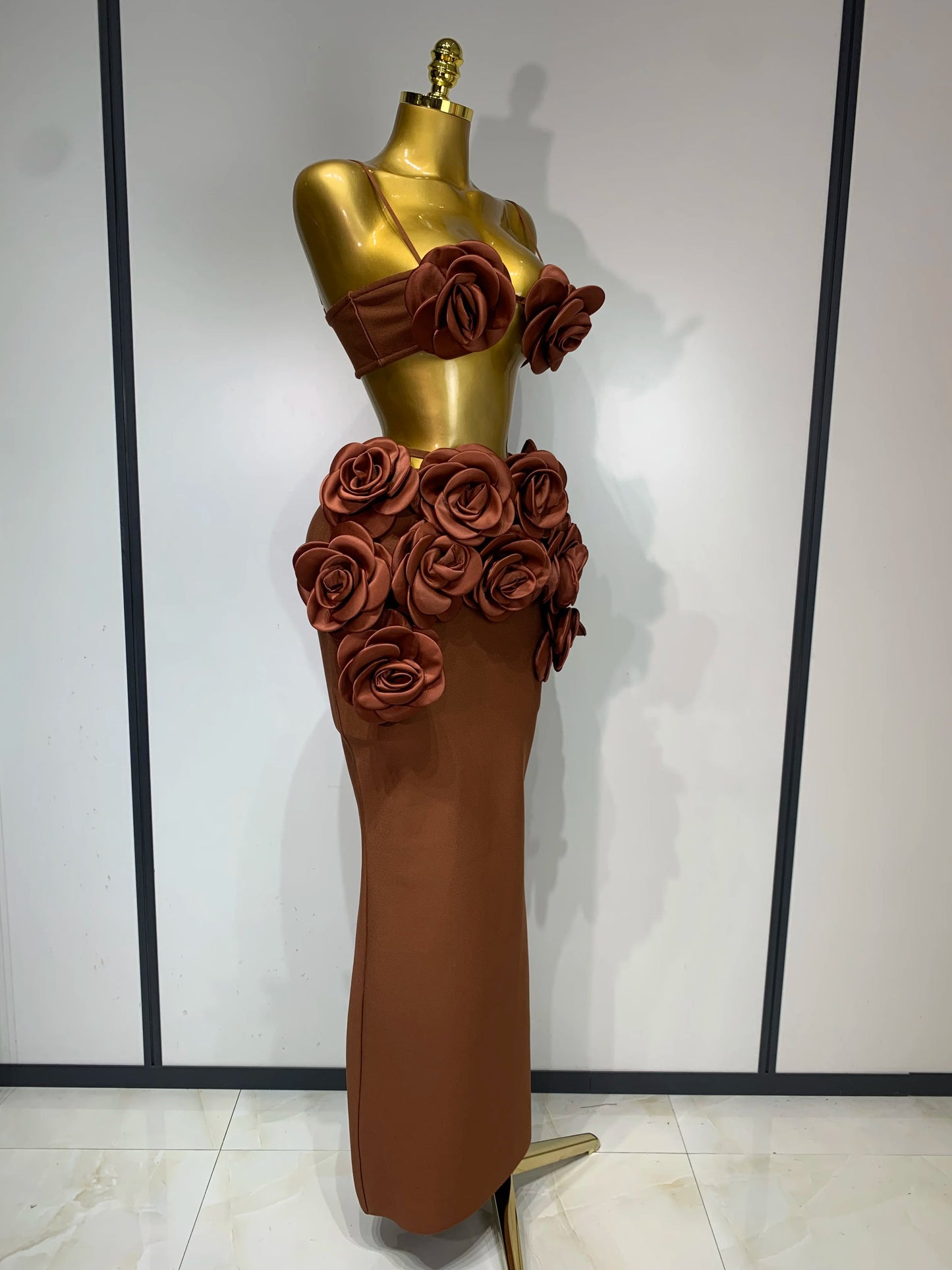 Ensemble 2 pièces pour femme : Caraco sexy, jupe longue à bandages floraux