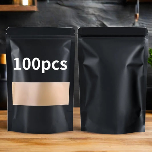 Lot de 100 pochettes à soufflet en papier kraft noir avec fenêtre.