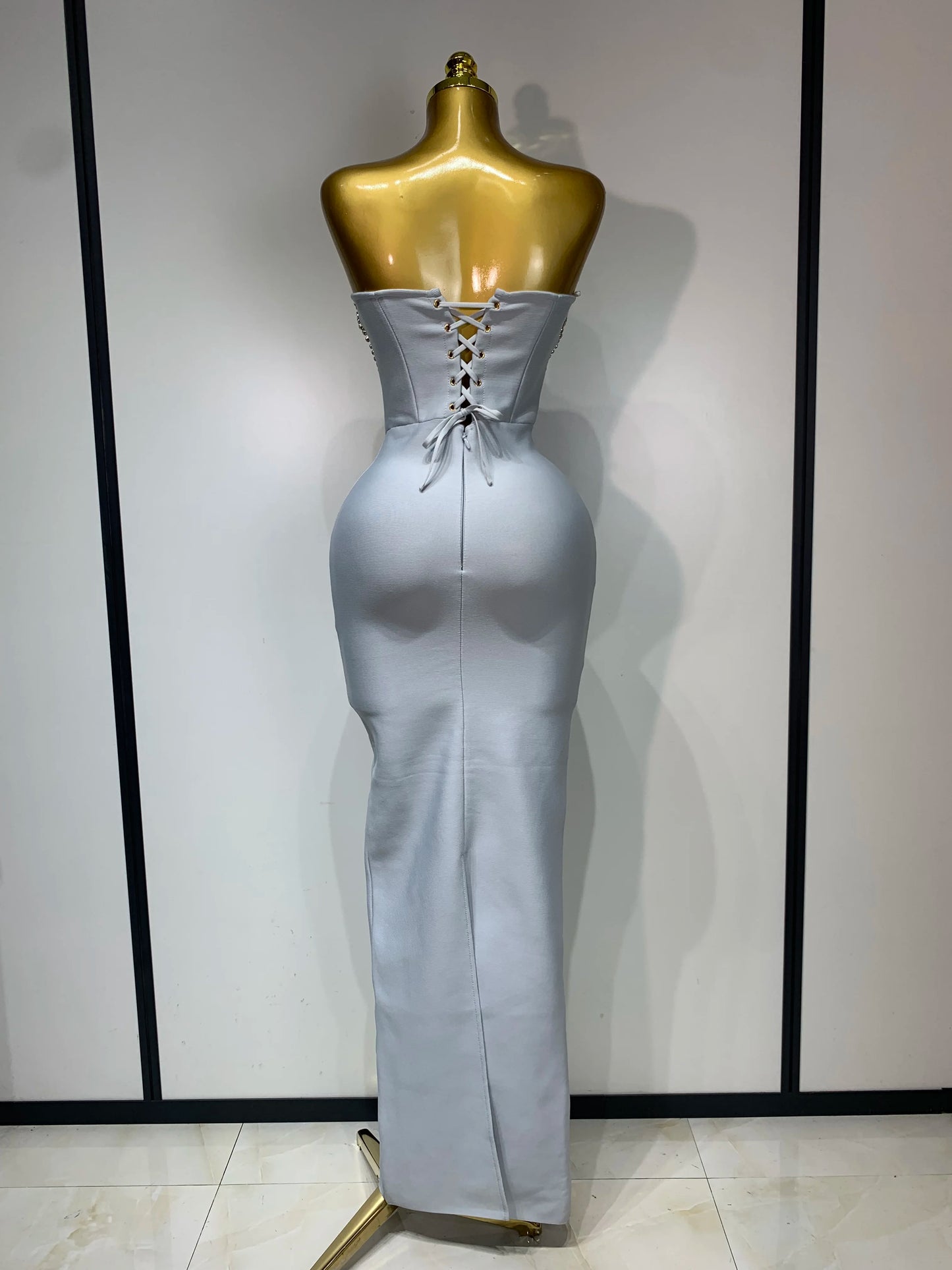 Robe longue sexy sans bretelles et dos nu, style bandage, sans manches, avec perles