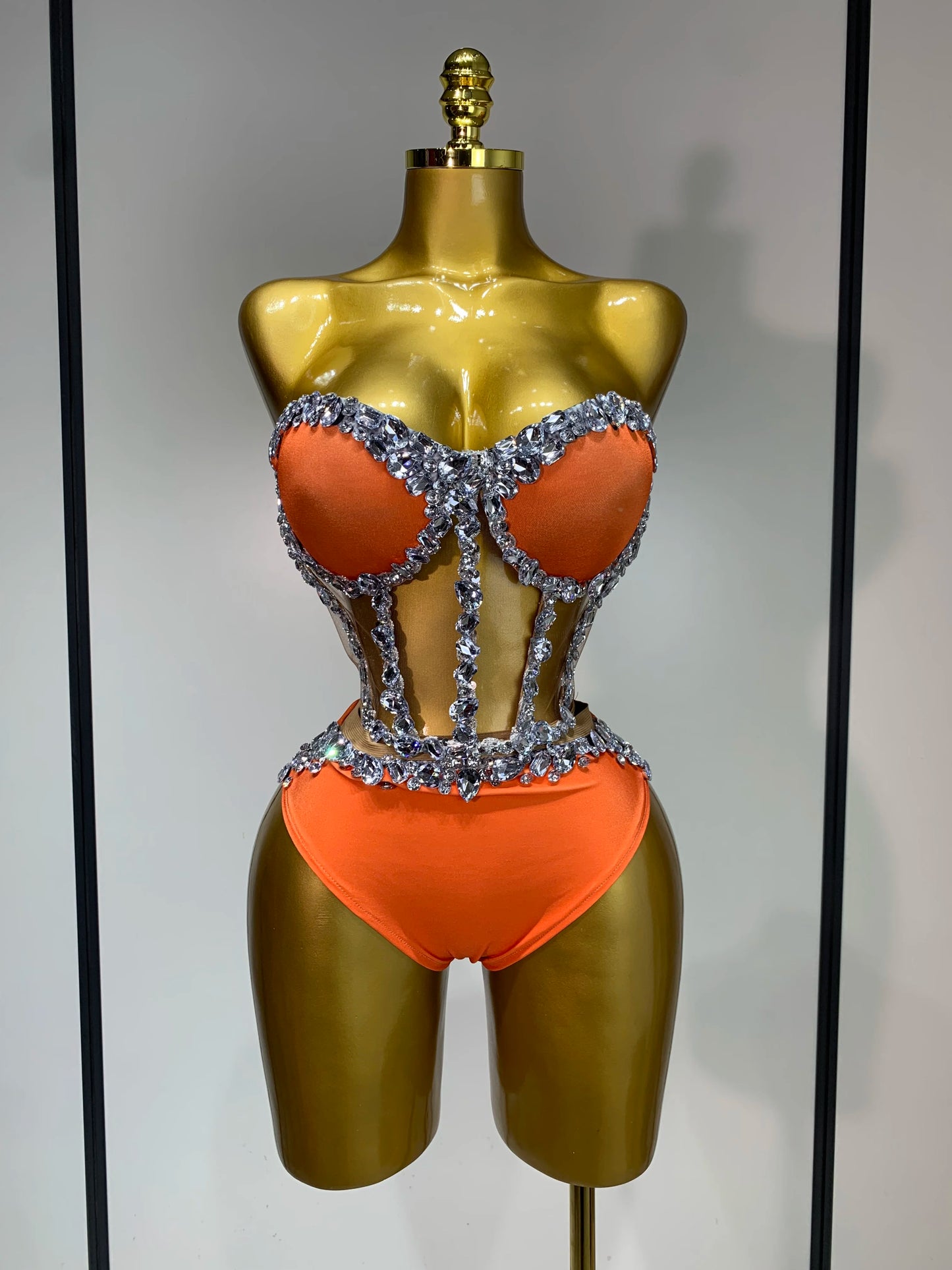 Tenue  scintillante en strass, ensemble trois pièces à manches longues, costume de drag queen